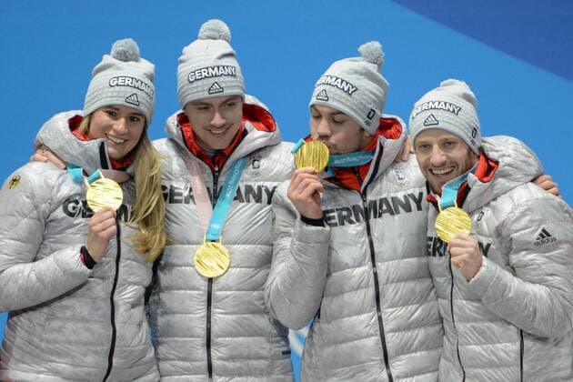 February 16, 2018 - Pyeongchang, South Korea - Natalie GEISENBERGER , Johannes LUDWIG , Tobias WENDL and Tobias ARLT of Germany celebrate getting the gold medal in the Luge Team Relay event in the PyeongChang Olympic Games Olympische Spiele Olympia OS Pyeongchang 18: Medal Winners - ZUMAl132 20180216_zap_l132_142 Copyright: xChristopherxLevyx