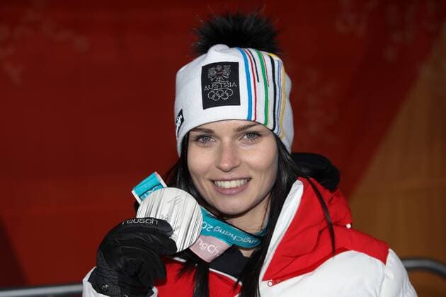 OLYMPICS - 2018 Winter Olympics PYEONGCHANG,SOUTH KOREA,17.FEB.18 - OLYMPICS, ALPINE SKIING - Olympic Winter games Winterspiele Spiele Summer games PyeongChang 2018, Medals Plaza, Super G, ladies, award ceremony. Image shows Anna Veith (AUT). Keywords: medal. GEPAxpictures xMaticxKlansek