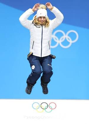 (180217) -- PYEONGCHANG, Feb. 17, 2018 -- Gold medalist Ester Ledecka of the Czech Republic celebrates during medal ceremony of ladies super giant slalom of Alpine Skiing at the 2018 PyeongChang Winter Olympic Games Olympische Spiele Olympia OS at the Medal Plaza in PyeongChang, South Korea, on Feb. 17, 2018. ) (SP)OLY-SOUTH KOREA-PYEONGCHANG-ALPINE SKIING-LADIES SUPER-G-MEDAL CEREMONY WuxZhuang 