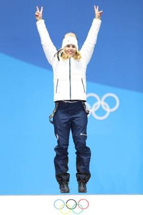 (180217) -- PYEONGCHANG, Feb. 17, 2018 -- Gold medalist Ester Ledecka of the Czech Republic celebrates during medal ceremony of ladies super giant slalom of Alpine Skiing at the 2018 PyeongChang Winter Olympic Games Olympische Spiele Olympia OS at the Medal Plaza in PyeongChang, South Korea, on Feb. 17, 2018. ) (SP)OLY-SOUTH KOREA-PYEONGCHANG-ALPINE SKIING-LADIES SUPER-G-MEDAL CEREMONY WuxZhuang 