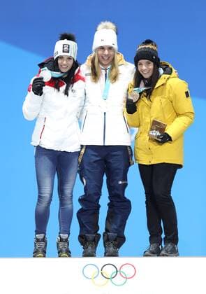 (180217) -- PYEONGCHANG, Feb. 17, 2018 -- Gold medalist Ester Ledecka of the Czech Republic (C), silver medalist Anna Veith of Austria (L) and bronze medalist Tina Weirather of Liechtenstein pose for photos during medal ceremony of ladies super giant slalom of Alpine Skiing at the 2018 PyeongChang Winter Olympic Games Olympische Spiele Olympia OS at the Medal Plaza in PyeongChang, South Korea, on Feb. 17, 2018. ) (SP)OLY-SOUTH KOREA-PYEONGCHANG-ALPINE SKIING-LADIES SUPER-G-MEDAL CEREMONY WuxZhuang 