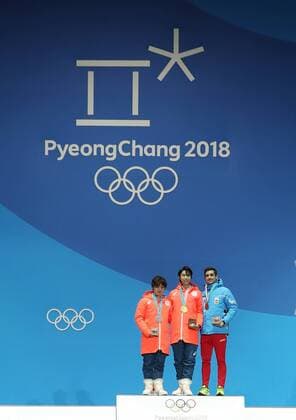 (180217) -- PYEONGCHANG, Feb. 17, 2018 -- Gold medalist Yuzuru Hanyu of Japan (C), silver medalist Shoma Uno of Japan (L) and bronze medalist Javier Fernandez of Spain pose for photos during medal ceremony of men s single skating of Figure skating Eiskunstlauf at the 2018 PyeongChang Winter Olympic Games Olympische Spiele Olympia OS at the Medal Plaza in PyeongChang, South Korea, on Feb. 17, 2018. ) (SP)OLY-SOUTH KOREA-PYEONGCHANG-FIGURE SKATING-MEN S SINGLE SKATING-MEDAL CEREMONY WuxZhuang 