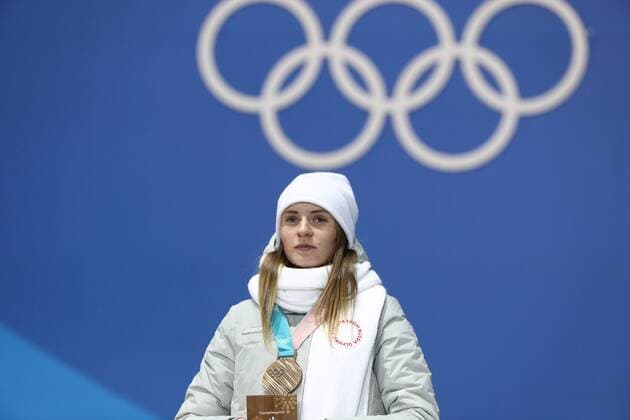 PYEONGCHANG, SOUTH KOREA â€“ FEBRUARY 17, 2018: Bronze medallist Natalya Voronina, Olympic Athlete from Russia, poses at a victory ceremony for the ladies 5000m Speed skating Eisschnelllauf at the 2018 Winter Olympic Games Olympische Spiele Olympia OS Valery Sharifulin TASS  TS074585