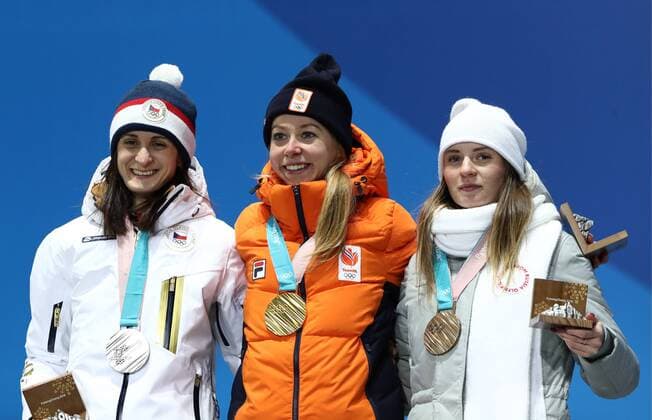 PYEONGCHANG, SOUTH KOREA â€“ FEBRUARY 17, 2018: Silver medallist Martina Sablikova of the Czech Republic, gold medallist Esmee Visser of the Netherlands, and bronze medallist Natalya Voronina, Olympic Athlete from Russia, (L-R) pose at a victory ceremony for the ladies 5000m Speed skating Eisschnelllauf at the 2018 Winter Olympic Games Olympische Spiele Olympia OS Valery Sharifulin TASS  TS07458B