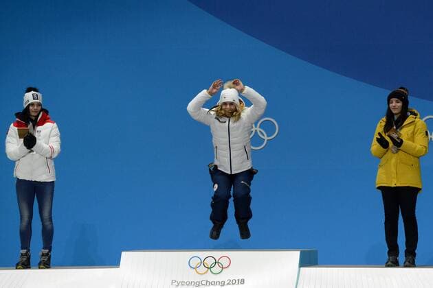 February 17, 2018 - Pyeongchang, South Korea - ESTER LEDECKA of the Czech Republic celebrates winning the gold medal in the Ladies Super-G event in the PyeongChang Olympic Games Olympische Spiele Olympia OS Pyeongchang 18: Medal Winners - ZUMAl132 20180217_zap_l132_010 Copyright: xChristopherxLevyx