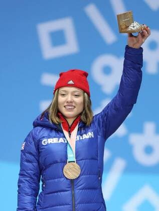 (180217) -- PYEONGCHANG, Feb. 17, 2018 -- Bronze medalist Britain s Isabel Atkin poses for photos during medal ceremony of women s ski slopestyle of freestyle skiing at the 2018 PyeongChang Winter Olympic Games Olympische Spiele Olympia OS at the Medal Plaza in PyeongChang, South Korea, on Feb. 17, 2018. ) (SP)OLY-SOUTH KOREA-PYEONGCHANG-FREESTYLE SKIING-LADIES SKI SLOPESTYLE-MEDAL CEREMONY WuxZhuang 