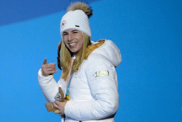 February 17, 2018 - Pyeongchang, South Korea - ESTER LEDECKA of the Czech Republic with her gold medal from the Ladies Super-G event in the PyeongChang Olympic Games Olympische Spiele Olympia OS Pyeongchang 18: Medal Winners - ZUMAl132 20180217_zap_l132_042 Copyright: xChristopherxLevyx