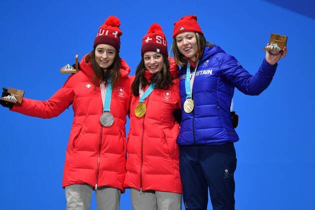 from left Mathilde GREMAUD SUI 2 square silver silver medal silver medal winner Sarah HOEFFLIN SUI 1 square gold medallist gold gold medal Olympic gold medallist Isabel ATKIN GBR 3 square bronze bronze medal bronze medallist cheers cheers joy Passion emotion cheer cheers freestyle skiing ladies Slopestyle victory ceremony PyeongChang Olympic medals Plaza ceremony on 16 02 2018 Winter Olympics 2018 from 09 02 25 02 2018 in PyeongChang of South Korea