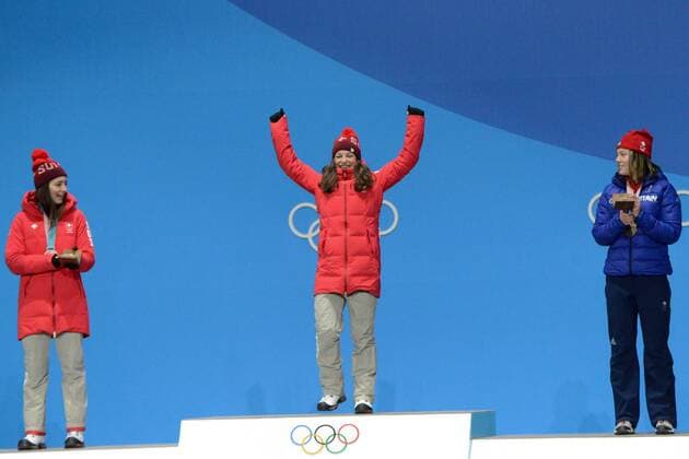 February 17, 2018 - Pyeongchang, South Korea - SARAH HOEFFLIN of Switzerland celebrates getting the gold medal in the Ladies Slopestyle freestyle skiing event in the PyeongChang Olympic Games Olympische Spiele Olympia OS Pyeongchang 18: Medal Winners - ZUMAl132 20180217_zap_l132_063 Copyright: xChristopherxLevyx