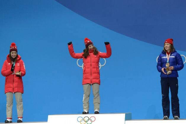 February 17, 2018 - Pyeongchang, South Korea - SARAH HOEFFLIN of Switzerland celebrates getting the gold medal in the Ladies Slopestyle freestyle skiing event in the PyeongChang Olympic Games Olympische Spiele Olympia OS Pyeongchang 18: Medal Winners - ZUMAl132 20180217_zap_l132_065 Copyright: xChristopherxLevyx