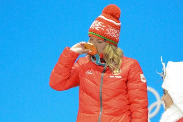 February 17, 2018 - Pyeongchang, South Korea - HANNA HUSKOVA of Belarus celebrates getting the gold medal in the Ladies Arials freestyle skiing event in the PyeongChang Olympic Games Olympische Spiele Olympia OS Pyeongchang 18: Medal Winners - ZUMAl132 20180217_zap_l132_076 Copyright: xChristopherxLevyx