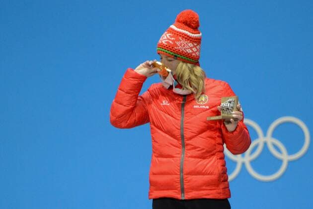 February 17, 2018 - Pyeongchang, South Korea - HANNA HUSKOVA of Belarus celebrates getting the gold medal in the Ladies Arials freestyle skiing event in the PyeongChang Olympic Games Olympische Spiele Olympia OS Pyeongchang 18: Medal Winners - ZUMAl132 20180217_zap_l132_078 Copyright: xChristopherxLevyx