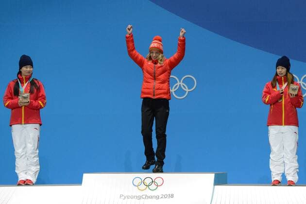 February 17, 2018 - Pyeongchang, South Korea - HANNA HUSKOVA of Belarus celebrates getting the gold medal in the Ladies Arials freestyle skiing event in the PyeongChang Olympic Games Olympische Spiele Olympia OS Pyeongchang 18: Medal Winners - ZUMAl132 20180217_zap_l132_079 Copyright: xChristopherxLevyx