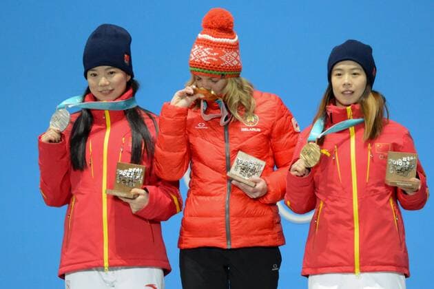 February 17, 2018 - Pyeongchang, South Korea - ZHANG XIN of China (left) , HANNA HUSKOVA of Belarus (center) and FANYU KONG of China with their medals from the Ladies Arials freestyle skiing event in the PyeongChang Olympic Games Olympische Spiele Olympia OS Pyeongchang 18: Medal Winners - ZUMAl132 20180217_zap_l132_081 Copyright: xChristopherxLevyx
