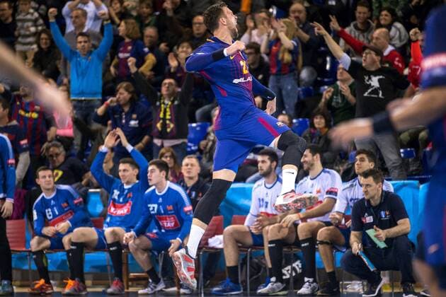 FC Barcelona Barca s Syprzak jubilates a goal against Orlen Wisla Plock during the VELUX EHF Champions League match that both teams played at the Palau Blaugrana in Barcelona, Catalonia, Spain, 17 February 2018. FC BARCELONA vs. ORLEN WISLA PLOCK !ACHTUNG: NUR REDAKTIONELLE NUTZUNG!  Copyright: xQuiquexGarciax BCN002 20180217-636545002441309074