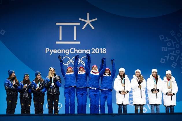 180218 Team Sweden Silver Team Norway Gold and Team Russia OAR Bronze celebrating at a Medal Ceremony for Ladies 4 x 5 5 km relay during day nine of the 2018 Winter Olympics on February 18 2018 in Pyeongchang Photo Petter Arvidson BILDBYR N code PA 91980  Copyright: PETTERxARVIDSON BB180218PA113