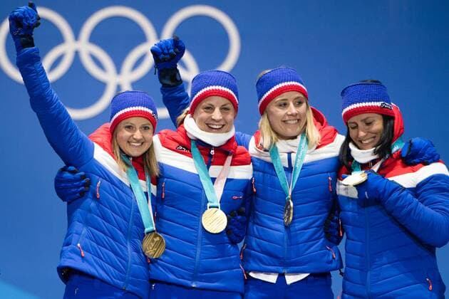Ingvild Flugstad 180218 ostberg Astrid Uhrenholdt Jacobsen and Marit Bjorgen Ragnhild of Norway Haga Gold celebrating at a Medal Ceremony for Ladies 4 x 5 5 km relay during day nine of the 2018 Winter Olympics on February 18 2018 in Pyeongchang Photo Petter Arvidson PA BILDBYRAN code 91980  Copyright: PETTERxARVIDSON BB180218PA115
