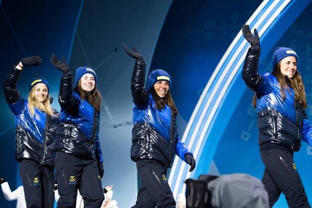 180218 Stina Nilsson Nazi a Charlotte Kalla and Anna Haag of Sweden Silver celebrating at a Medal Ceremony for Ladies 4 x 5 5 km relay during day nine of the 2018 Winter Olympics on February 18 2018 in Pyeongchang Photo Petter Arvidson PA BILDBYRAN code 91980  Copyright: PETTERxARVIDSON BB180218PA116