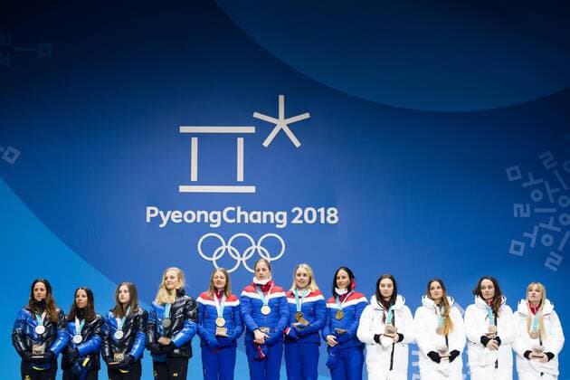 180218 Team Sweden Silver Team Norway Gold and Team Russia OAR Bronze celebrating at a Medal Ceremony for Ladies 4 x 5 5 km relay during day nine of the 2018 Winter Olympics on February 18 2018 in Pyeongchang Photo Petter Arvidson PA BILDBYRAN code 91980  Copyright: PETTERxARVIDSON BB180218PA118