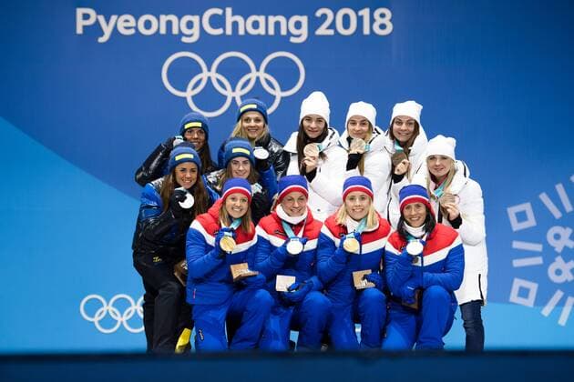 180218 Team Sweden Silver Team Norway Gold and Team Russia OAR Bronze celebrating at a Medal Ceremony for Ladies 4 x 5 5 km relay during day nine of the 2018 Winter Olympics on February 18 2018 in Pyeongchang Photo Petter Arvidson PA BILDBYRAN code 91980  Copyright: PETTERxARVIDSON BB180218PA120