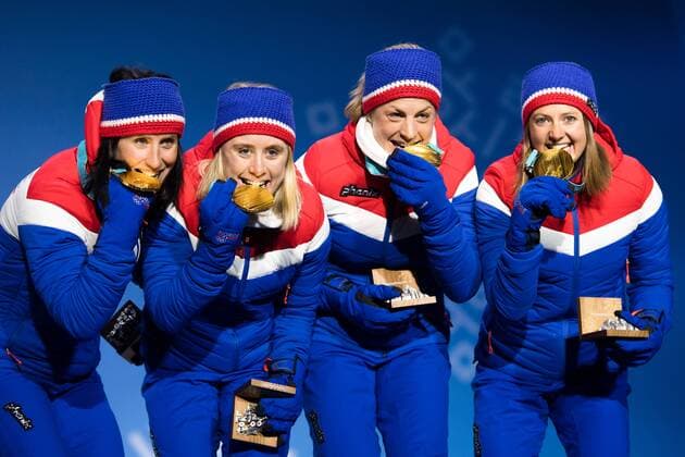 180218 Marit Bjorgen Ragnhild Haga Ingvild Flugstad ostberg Astrid Uhrenholdt Jacobsen of Norway and Gold celebrating at a Medal Ceremony for Ladies 4 x 5 5 km relay during day nine of the 2018 Winter Olympics on February 18 2018 in Pyeongchang Photo Petter Arvidson PA BILDBYRAN code 91980  Copyright: PETTERxARVIDSON BB180218PA122