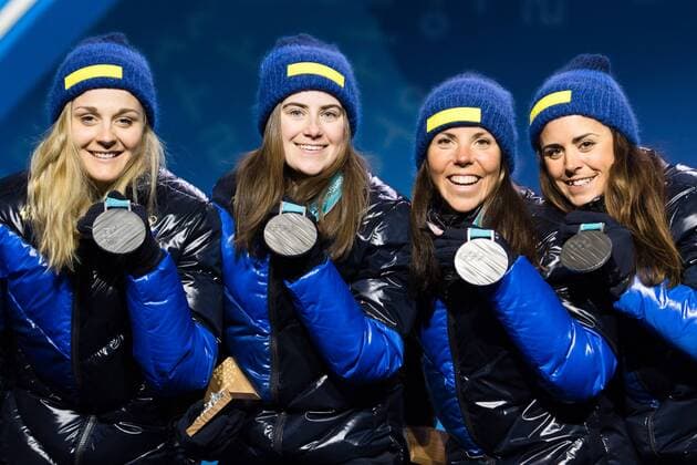 180218Stina N Nazi a Charlotte Kalla and Anna Haag of Sweden Silver celebrating at a Medal Ceremony for Ladies 4 x 5 5 km relay during day nine of the 2018 Winter Olympics on February 18 2018 in Pyeongchang Photo Petter Arvidson BILDBYR N code PA 91980  Copyright: PETTERxARVIDSON BB180218PA125