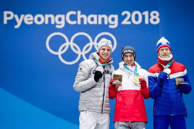 180218 Kamil Stoch of Germany Silver Andreas Wellinger of Poland Gold and Robert Jablonski of Norway the Bronze at a Medal Ceremony for Ski Jumping during day nine of the 2018 Winter Olympics on February 18 2018 in Pyeongchang Photo Petter Arvidson PA BILDBYRAN code 91980  Copyright: PETTERxARVIDSON BB180218PA127
