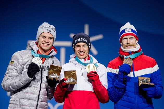 180218 Kamil Stoch of Germany Silver Andreas Wellinger of Poland Gold and Robert Jablonski of Norway the Bronze at a Medal Ceremony for Ski Jumping during day nine of the 2018 Winter Olympics on February 18 2018 in Pyeongchang Photo Petter Arvidson PA BILDBYRAN code 91980  Copyright: PETTERxARVIDSON BB180218PA130