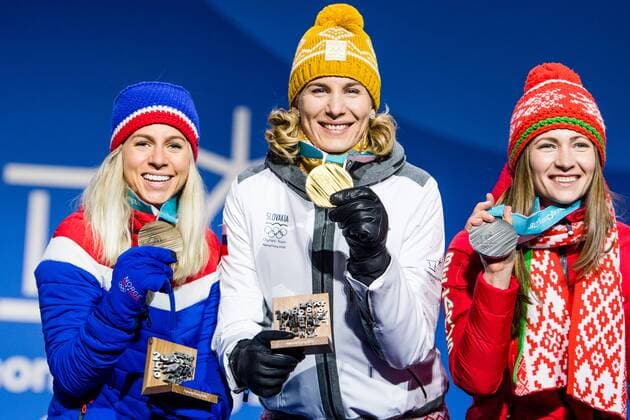 180218 Marte Olsbu of Norway Bronze Anastasiya Kuzmina of Slovakia Gold Darya Domarcheva of Belarus Silver celebrating at a Medal Ceremony for Women s 12 5 km Mass Start during day nine of the 2018 Winter Olympics on February 18 2018 in Pyeongchang Photo Petter Arvidson BILDBYR N code PA 91980  Copyright: PETTERxARVIDSON BB180218PA140