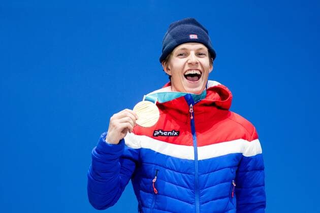 180218 oystein Braten of Norway Gold celebrating with his gold medal at the Medal Ceremony for Men s Ski Slopestyle during day nine of the 2018 Winter Olympics on February 18 2018 in Pyeongchang Photo Petter Arvidson PA BILDBYRAN code 91980  Copyright: PETTERxARVIDSON BB180218PA155