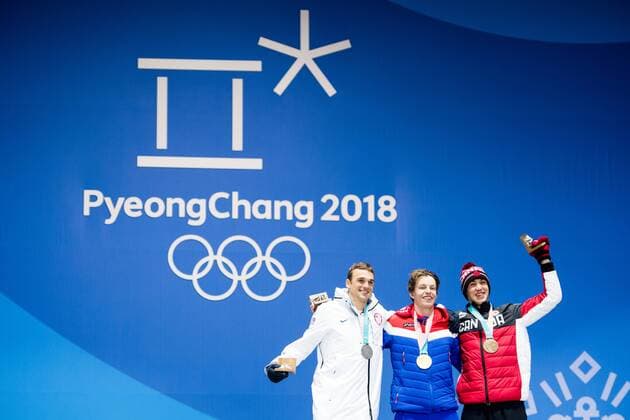 180218 Nick Goeppere of United States Silver oystein Braten of Norway Gold Alex Beaulieu Marchand of Canada Bronze celebrating with his gold medal at the Medal Ceremony for Men s Ski Slopestyle during day nine of the 2018 Winter Olympics on February 18 2018 in Pyeongchang Photo Petter Arvidson PA BILDBYRAN code 91980  Copyright: PETTERxARVIDSON BB180218PA156