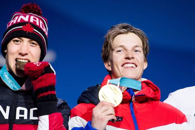 180218 Nick Goeppere of United States Silver oystein Braten of Norway Gold Alex Beaulieu Marchand of Canada Bronze celebrating with his gold medal at the Medal Ceremony for Men s Ski Slopestyle during day nine of the 2018 Winter Olympics on February 18 2018 in Pyeongchang Photo Petter Arvidson PA BILDBYRAN code 91980  Copyright: PETTERxARVIDSON BB180218PA158