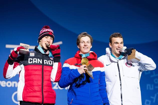 180218 Nick Goeppere of United States Silver ¯ ystein Braten of Norway Gold Alex Beaulieu Marchand of Canada Bronze celebrating with his gold medal at the Medal Ceremony for Men s Ski Slopestyle during day nine of the 2018 Winter Olympics on February 18 2018 in Pyeongchang Photo Petter Arvidson BILDBYR N code PA 91980  Copyright: PETTERxARVIDSON BB180218PA160