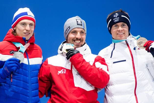 180218 Henrik Kristoffersen of Norway Silver and Marcel Hirscher of Austria Gold and Alexis Pinturault of France at a Medal Ceremony for the Men s Giant Slalom during day nine of the 2018 Winter Olympics on February 18 2018 in Pyeongchang Photo Petter Arvidson BILDBYRAN code PA 91980  Copyright: PETTERxARVIDSON BB180218PA164