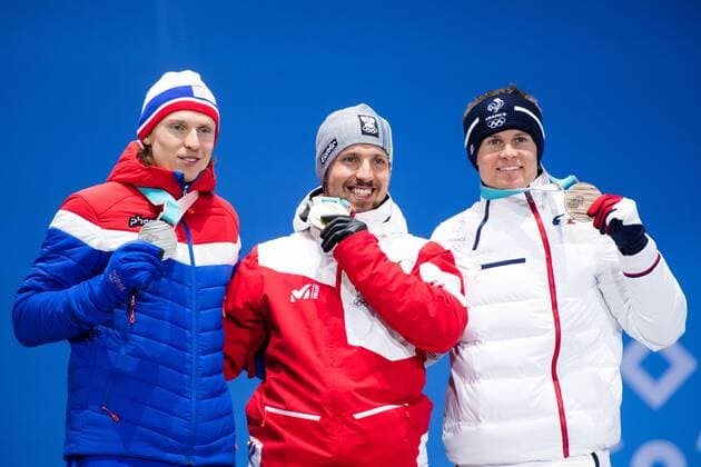 180218 Henrik Kristoffersen of Norway Silver and Marcel Hirscher of Austria Gold and Alexis Pinturault of France at a Medal Ceremony for the Men s Giant Slalom during day nine of the 2018 Winter Olympics on February 18 2018 in Pyeongchang Photo Petter Arvidson BILDBYRAN code PA 91980  Copyright: PETTERxARVIDSON BB180218PA165