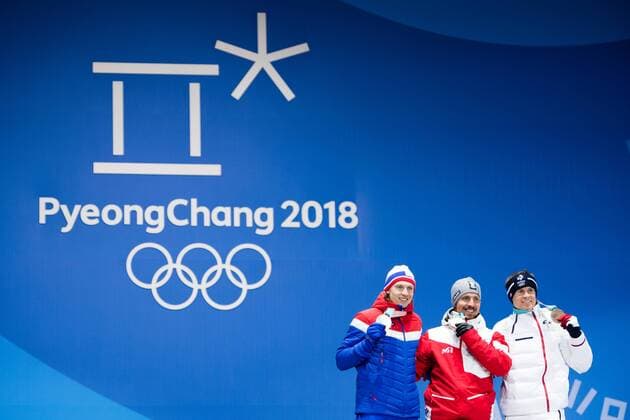 180218 Henrik Kristoffersen of Norway Silver and Marcel Hirscher of Austria Gold and Alexis Pinturault of France at a Medal Ceremony for the Men s Giant Slalom during day nine of the 2018 Winter Olympics on February 18 2018 in Pyeongchang Photo Petter Arvidson BILDBYRAN code PA 91980  Copyright: PETTERxARVIDSON BB180218PA166