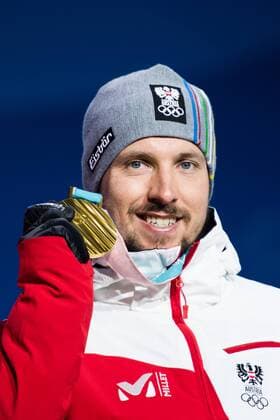 180218 Henrik Kristoffersen of Norway Silver and Marcel Hirscher of Austria Gold and Alexis Pinturault of France at a Medal Ceremony for the Men s Giant Slalom during day nine of the 2018 Winter Olympics on February 18 2018 in Pyeongchang Photo Petter Arvidson BILDBYRAN code PA 91980  Copyright: PETTERxARVIDSON BB180218PA169
