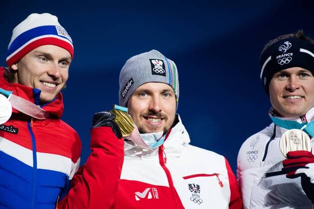 180218 Henrik Kristoffersen of Norway Silver and Marcel Hirscher of Austria Gold and Alexis Pinturault of France at a Medal Ceremony for the Men s Giant Slalom during day nine of the 2018 Winter Olympics on February 18 2018 in Pyeongchang Photo Petter Arvidson BILDBYRAN code PA 91980  Copyright: PETTERxARVIDSON BB180218PA170
