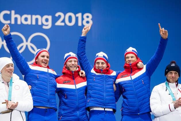 180218 Didrik Tonseth Martin Johnsrud Sundby and Simen Klaebo Johannes Krüger Hosflot Hegstad of Norway Gold celebrating at a Medal Ceremony for the Men s 4 x 10 km Relay during day nine of the 2018 Winter Olympics on February 18 2018 in Pyeongchang Photo Petter Arvidson PA BILDBYRAN code 91980  Copyright: PETTERxARVIDSON BB180218PA171
