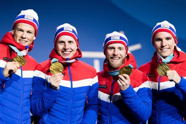 180218 Didrik Tonseth Martin Johnsrud Sundby and Simen Klaebo Johannes Krüger Hosflot Hegstad of Norway Gold celebrating at a Medal Ceremony for the Men s 4 x 10 km Relay during day nine of the 2018 Winter Olympics on February 18 2018 in Pyeongchang Photo Petter Arvidson PA BILDBYRAN code 91980  Copyright: PETTERxARVIDSON BB180218PA173