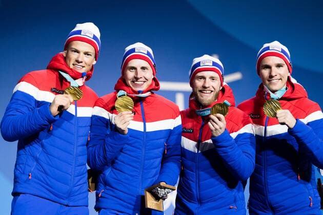 180218 Didrik Tonseth Martin Johnsrud Sundby and Simen Klaebo Johannes Krüger Hosflot Hegstad of Norway Gold celebrating at a Medal Ceremony for the Men s 4 x 10 km Relay during day nine of the 2018 Winter Olympics on February 18 2018 in Pyeongchang Photo Petter Arvidson PA BILDBYRAN code 91980  Copyright: PETTERxARVIDSON BB180218PA174