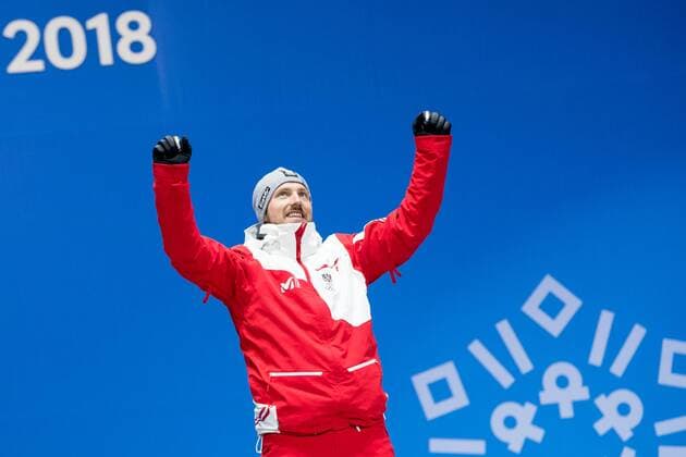 PyeongChang 2018 - Ski Alpin, Riesenslalom Herren Siegerehrung OLYMPICS - 2018 Winter Olympics PYEONGCHANG,SOUTH KOREA,18.FEB.18 - OLYMPICS, ALPINE SKIING - Olympic Winter games Winterspiele Spiele Summer games PyeongChang 2018, Medals Plaza, giant slalom, men, award ceremony. Image shows the rejoicing of Marcel Hirscher (AUT). GEPAxpictures xMaticxKlansek