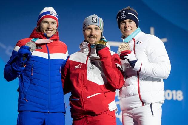 PyeongChang 2018 - Ski Alpin, Riesenslalom Herren Siegerehrung OLYMPICS - 2018 Winter Olympics PYEONGCHANG,SOUTH KOREA,18.FEB.18 - OLYMPICS, ALPINE SKIING - Olympic Winter games Winterspiele Spiele Summer games PyeongChang 2018, Medals Plaza, giant slalom, men, award ceremony. Image shows Henrik Kristoffersen (NOR), Marcel Hirscher (AUT) and Alexis Pinturault (FRA). Keywords: medals. GEPAxpictures xMaticxKlansek