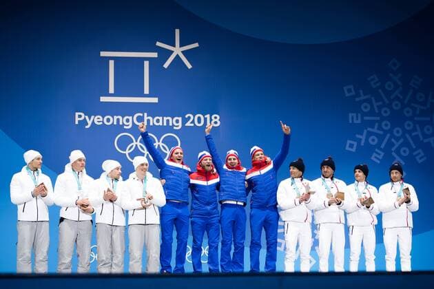 180218 Team Russia OAR Silver Team Norway Gold and Team France Bronze celebrating at a Medal Ceremony for the Men s 4 x 10 km Relay during day nine of the 2018 Winter Olympics on February 18 2018 in Pyeongchang Photo Petter Arvidson PA BILDBYRAN code 91980  Copyright: PETTERxARVIDSON BB180218PA176