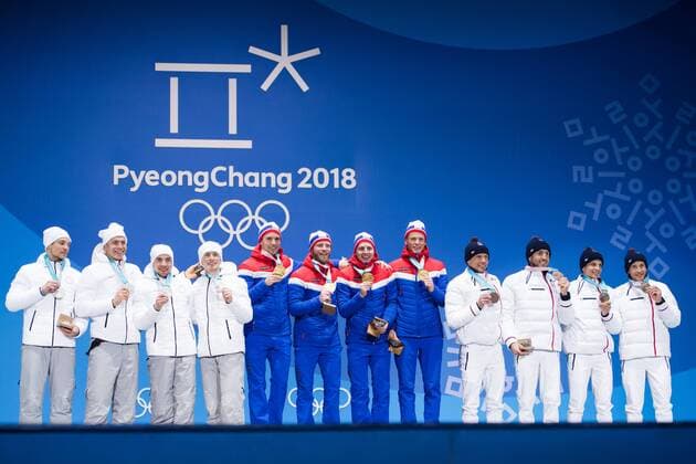 180218 Team Russia OAR Silver Team Norway Gold and Team France Bronze celebrating at a Medal Ceremony for the Men s 4 x 10 km Relay during day nine of the 2018 Winter Olympics on February 18 2018 in Pyeongchang Photo Petter Arvidson PA BILDBYRAN code 91980  Copyright: PETTERxARVIDSON BB180218PA177
