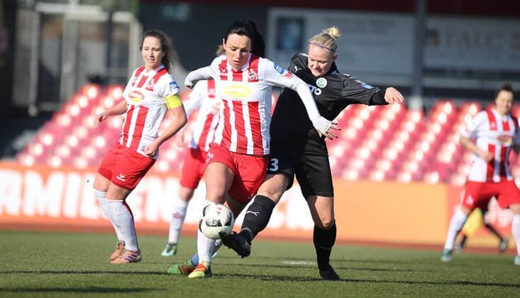 18 02 2018 xcex Germany Cologne football women s football Alliance women Bundesliga season 2017 2018 1 FC Cologne 1 FFC Frankfurt Peggy rivet gene Cologne against Lise Munk Frankfurt