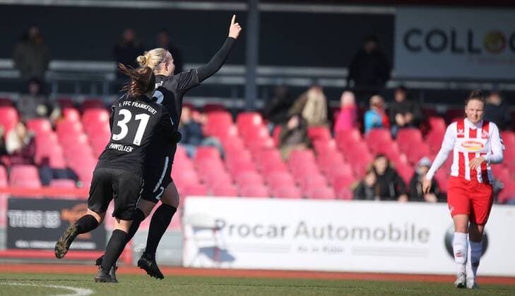 18 02 2018 xcex Germany Cologne football women s football Alliance women Bundesliga season 2017 2018 1 FC Cologne 1 FFC Frankfurt goal celebration FFC Frankfurt Jubilee joy emotion