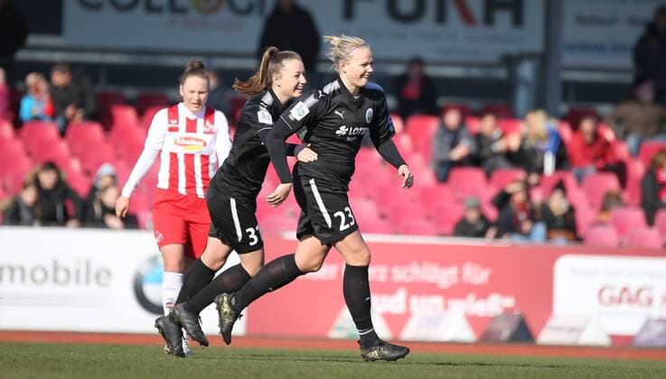 18 02 2018 xcex Germany Cologne football women s football Alliance women Bundesliga season 2017 2018 1 FC Cologne 1 FFC Frankfurt goal celebration FFC Frankfurt Jubilee joy emotion