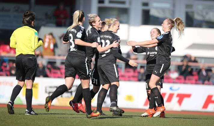 18 02 2018 xcex Germany Cologne football women s football Alliance women Bundesliga season 2017 2018 1 FC Cologne 1 FFC Frankfurt goal celebration FFC Frankfurt Jubilee joy emotion