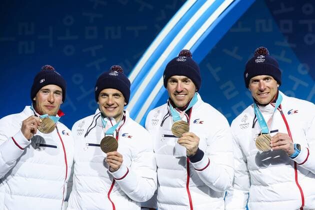 PyeongChang 2018 - Langlauf, 4x10km Staffel Herren Siegerehrung PYEONGCHANG, SOUTH KOREA - FEBRUARY 18, 2018: Bronze medalists Clement Parisse, Adrien Backscheider, Maurice Manificat, and Jean Marc Gaillard (L-R) of France pose at a victory ceremony for the men s cross-country skiing 4x10km relay race at the 2018 Winter Olympic Games Olympische Spiele Olympia OS at the Alpensia Cross-Country Skiing Centre. Valery Sharifulin TASS  TS0747FC